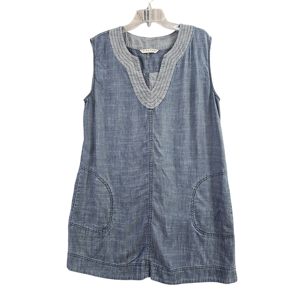 Trina Turk Shift Dress Size 14 Blue Solid‎ Linen Blend Sleeveless V-Neck Coastal